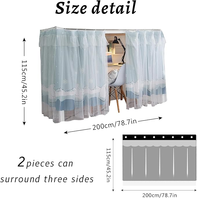 Beautiful Gauze Bunk Bed Curtains Drapes with Lace Privacy Bed Canopy for Bottom, 2 Panels, Mount Bear