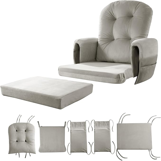 5 PCS Velvet Glider Rocker Replacement Cushions with Side Storage Pocket, Thickened & Supportive Cushions Set for Indoor Nursery Rocking Chair, Khaki