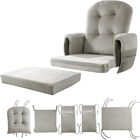 5 PCS Velvet Glider Rocker Replacement Cushions with Side Storage Pocket, Thickened & Supportive Cushions Set for Indoor Nursery Rocking Chair, Khaki