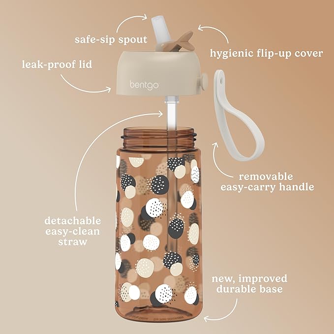Bentgo Kids Water Bottle (Whimsy & Wonder Collection) - Leak-Proof Durable Tritan 15 oz. Cup for Kids/Toddlers 3+; Flip-Up Safe-Sip Straw for School, Sports, Daycare, Camp & More (Spots & Dots)