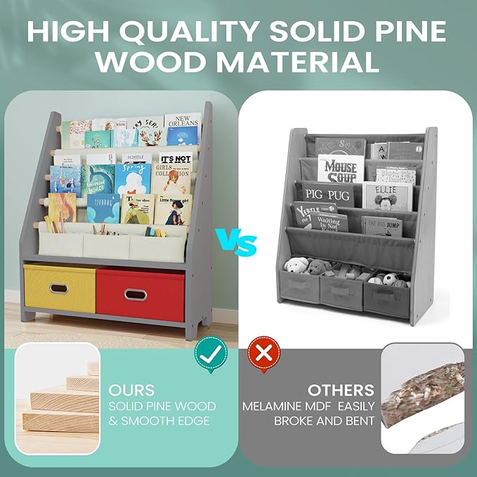 4 Tier Kids Book Shelf, Wooden Kids Book Rack, Grey Kids Bookshelf with Toy Storage Organizer, Toddler Sling Bookshelf for Boys, Girls, Kids Room, Red/Yellow