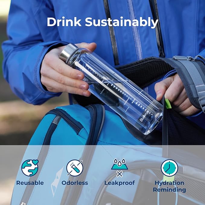 Bluevua Glass Water Bottle, 18 Oz High Borosilicate Glass with Time Marker, and Stainless Steel Leak Proof Lid, Compatible With RO100ROPOT-Travel Reverse Osmosis System