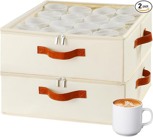 2 Pack Cup and Mug Storage Box with Dividers and Hard Shell, Stackable Coffee Cup Storage Organizer with Lid, Zipper, and Handles for Coffee Mugs, Cups, Glasses, Stemware Storage Containers for Moving