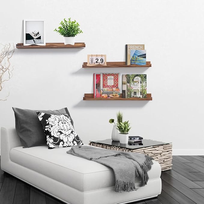 AZSKY Nusery Book Shelves for Kids, Picture Ledge Shelf for Wall Decor and Storage, Floating Photo Shelves with Lip for Picture Frames (Walnut, 23.6 Inches)