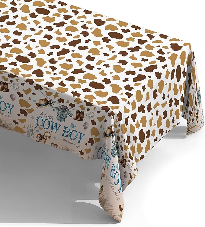 ATFUNSHOP Cowboy Baby Shower Tablecloth 4 Pack 54X108 A Little Cowboy is On The Way Western Theme Table Cover, Rustic Baby Boy Rodeo Party Decorations