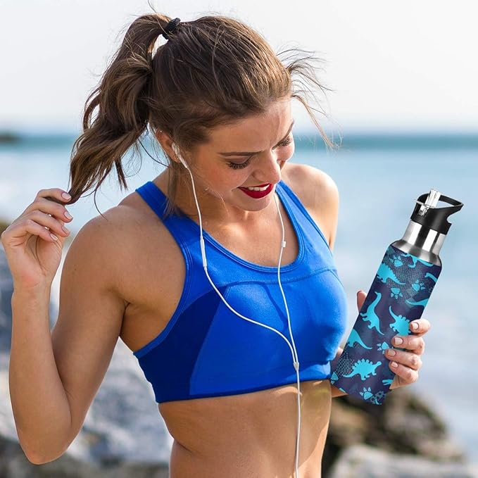 Blueangle Cute Dinosaurs Stainless Steel Water Bottle with Straw, BPA Free Reusable Leakproof Water Jug for Fitness Camping Outdoor Sports