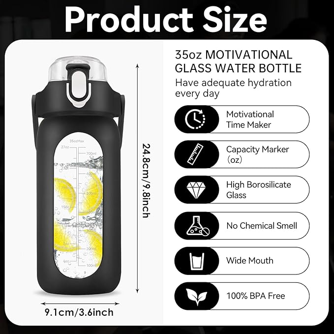 32 oz Glass Water Bottle with Time Marker - 1000ml Large Sports Motivational Water Bottles with Handle & Silicone Case, 1 Liter Leak-proof Measured Drinking Bottle for Gym Fitness Workout (Black)
