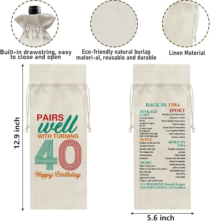 40th Birthday Gifts Wine Bag Congratulations Gifts for Women Men Parents Mom Dad Anniversary Favors 1984 with Time Information Wine Gift Bag