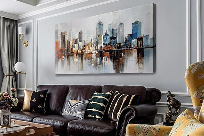 Arjun Brooklyn Bridge Wall Art Modern New York City Abstract Canvas Cityscape Painting Large Size Framed, Colorful NYC Skyline Textured Picture for Living Room Bedroom Home Office Wall Decor, 40"x20"