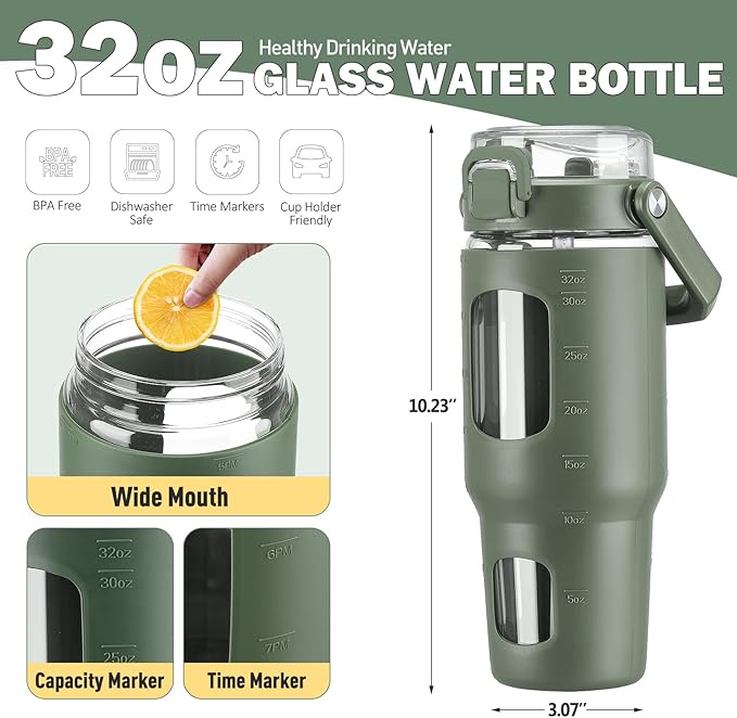 BLUEGO 32oz Glass Water Bottle with Handle and Straw|Leakproof Sports Glass Bottle with Time Marker and Silicone Sleeve|Glass Drinking Bottle for Travel, Gym, Workout, Olive