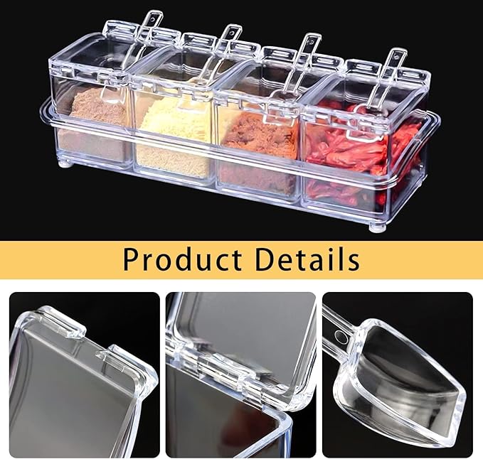4-Cell Clear Seasoning Rack Spice Box, Storage Container Condiment Jars Acrylic Seasoning Box with Cover and Spoon (Basic Clear)