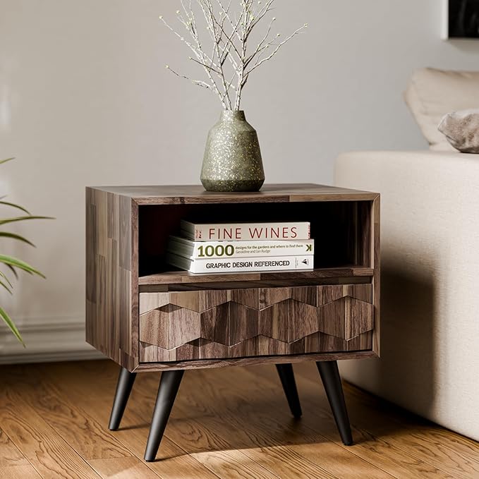 Bme Georgina Solid Wood Nightstand with 1 Drawer & Open Shelf- Fully Assembled Mid Century Modern Side Table - Geometric Pattern Bedside Dresser for Bedroom and Living Room, Mocha