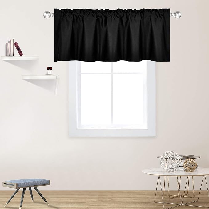 Black Valance for Windows 60x18 Inch Solid Thermal Insulated Blackout Rod Pocket Kitchen Short Curtain Toppers Valance for Bathroom Living Room 1 Panel