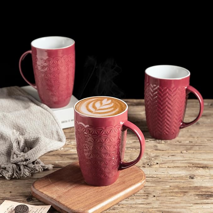 AmorArc Extra Large Coffee Mugs Set of 6, 20oz Ceramic Tall Coffee Mugs with Textured Geometric Patterns for Latte/Tea/Beer/Hot Cocoa, Dishwasher & Microwave Safe, Burgundy