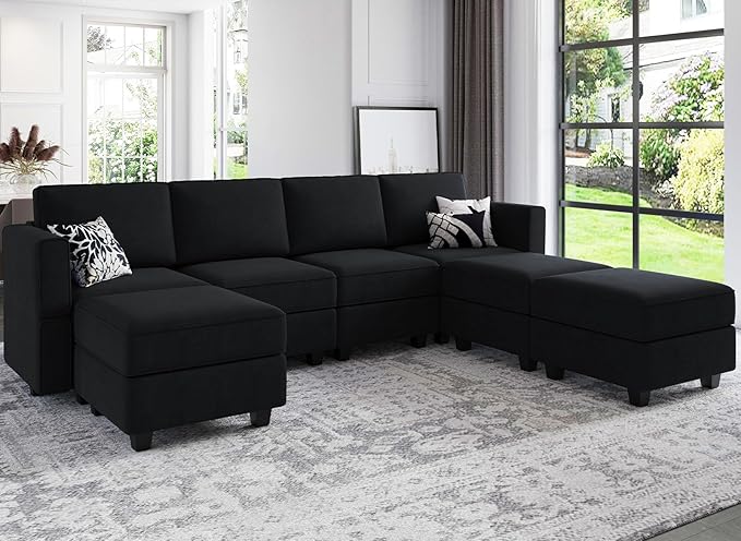 Belffin Modular Sectional Sofa U Shaped Sectional Couch with Reversible Chaises Velvet Modular Sofa with Storage Seat Black