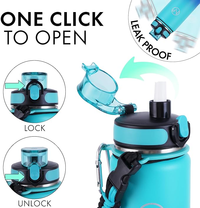 32 oz Insulated Water Bottle With Detachable Straw & Paracord Handle, Stainless Steel Thermos Water Bottle with Leakproof Lockable Lid, BPA-Free Sports Bottle (Lake Blue Gradient)