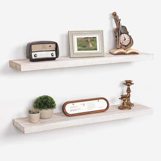 Axeman Floating Shelves for Wall - 32''W x 8'' D Rustic Solid Elm Wood Shelves for Storage, Wall Mounted Display Shelving with Invisible Heavy-Duty Metal Bracket (White Wash, 2PCs)