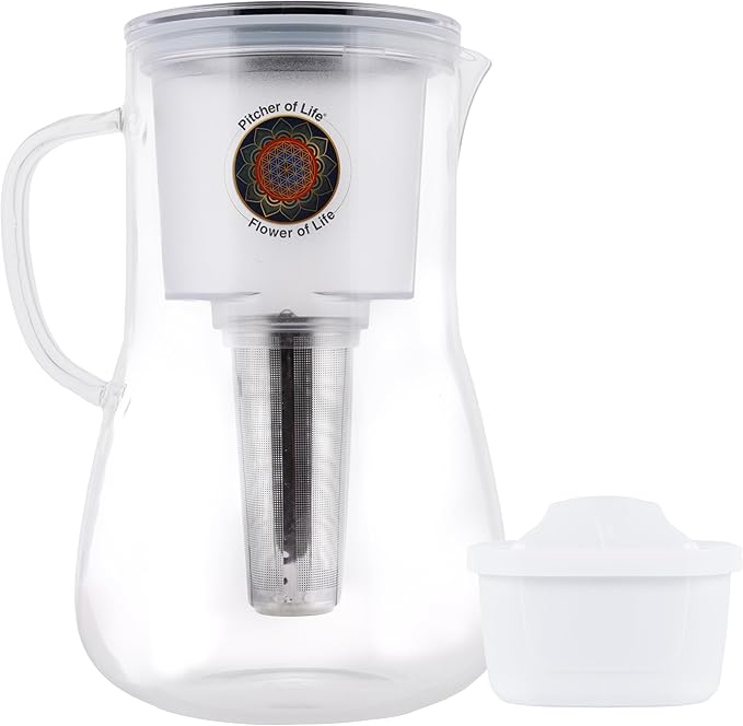 Borosilicate Glass Alkaline Water Pitcher of Life with Stainless Steel Fruit infuser Glass Water Filter Pitcher with Lid Clearly Filtered Water Pitcher Increases pH NSF/ANSI 42 & 61 Certified Filters