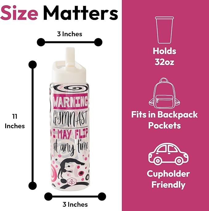 32oz Cheerleader Water Bottle with Straw Lid | BPA-Free Reusable Bottles for Cheerleaders, Cheer Team or Cheerleading Coach | Great Gifts for Girls, Coaches (Warning Gymnast)