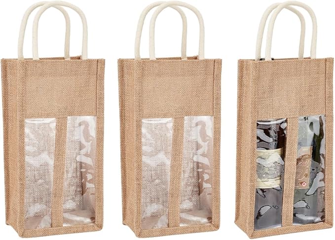 BENECREAT 3 Packs Burlap Wine Bottle Bag Jute Wine Tote Gift Bag with 2 Clear Window and Handle for Wedding Birthday Festivals Souvenir Packaging Wine Gift Packaging (Double Bottles)