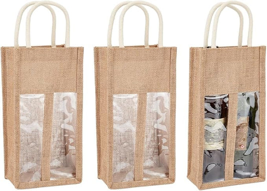 BENECREAT 3 Packs Burlap Wine Bottle Bag Jute Wine Tote Gift Bag with 2 Clear Window and Handle for Wedding Birthday Festivals Souvenir Packaging Wine Gift Packaging (Double Bottles)