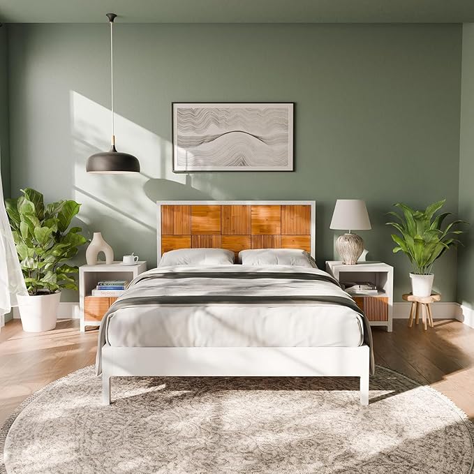Bme Madia Bed Frame, Mid Century Queen Bed Frame and Headboard with Unique & Trendy Fluted Pattern, 800lbs Capacity Platform Bed Frame, Solid Acacia Wood Slat Support, Easy Assembly White Bed Frame
