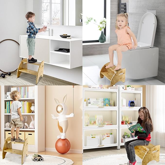 Bamboo Step Stool, 12 Inches Tall, Non-Slip Steps & Handrails, Sturdy Sustainable Bamboo, for Bathroom, Kitchen, Bedroom