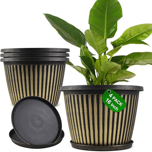 16 inch Large Planter Indoor Outdoor Plant Pots, 4 Pack Plastic Flower Pots with Saucer And Drainage Holes, Modern Garden Planters For Planting Medium Large Plants, Decorative Resin Garden Pots