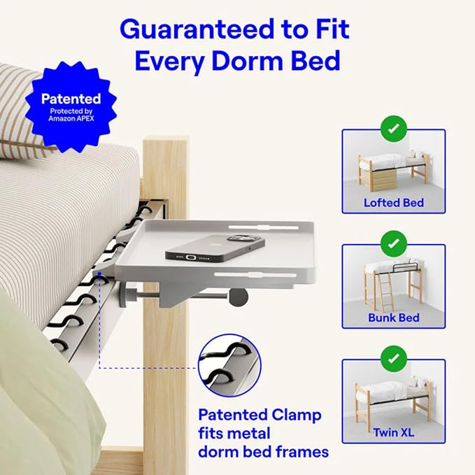 BedShelfie Bedside Shelf for Dorm Room Bunk Bed & Top Bunk, College Dorm Room Essentials, Bedside Caddy, Clip on Floating Tray, Bed Side Table Storage, Loft Nightstand Decor - Dorm Essential, White