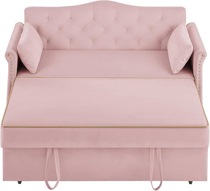 57" Velvet Pull-Out Sofa Bed, 3-in-1 Convertible Loveseat with Gold Trim Strips and Adjustable Backrest, Perfect for Living Rooms, Offices and Apartments (Pink)