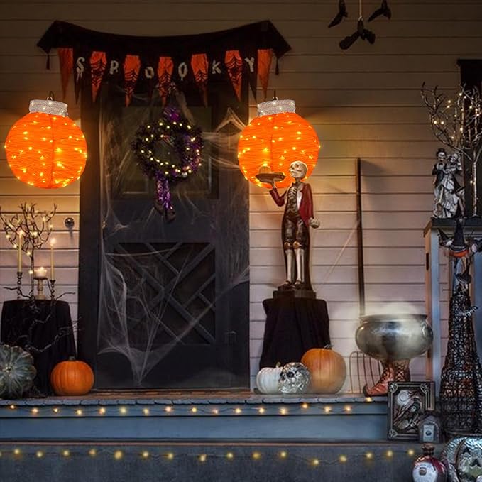 BRIGHTDECK Outdoor Halloween Ornaments, Lighted Pop-Up Outdoor Holiday Ball Decoration with 80 LED Lights, 8 Light Modes, Lighted Collapsible Holiday Decorations for Yard, Home(Orange)