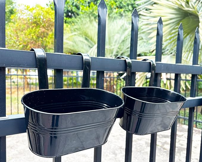 2 Pack Metal Hanging Planter for Outdoor Plants, 10 Inch Black Fence Planters Railing Pots for Garden Patio Balcony Decor, Flower Bucket with Detachable Hooks (Black, 2Pcs)