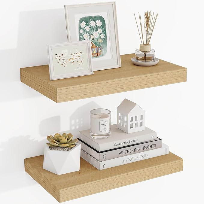 16 Inch Floating Shelves, 3D Textured Wood Grain, 16"x9.25"x1.5" Inch Deep Floating Shelves for Wall, Wooden Shelves for Bathroom, Bedroom, Living Room, Natural