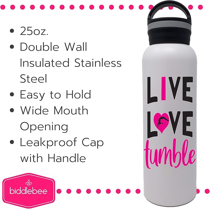 25 oz. Cheer Dance & Gymnastics Stainless Steel Water Bottle - Perfect Gifts for Cheerleaders, Dancers, Gymnasts & Coaches (Live Love Tumble)