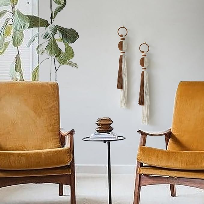 2Pcs Macrame Wall Hanging Boho Home Decor Fiber Art with Sphere Knots Tassels Handmade Yarn Art for Bedroom Living Room Office Entryway