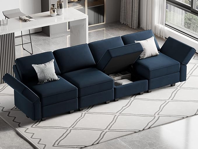 Belffin Modular Sofa Couch with Storage Seats Sectional Sofa Velvet Sofas for Living Room Blue