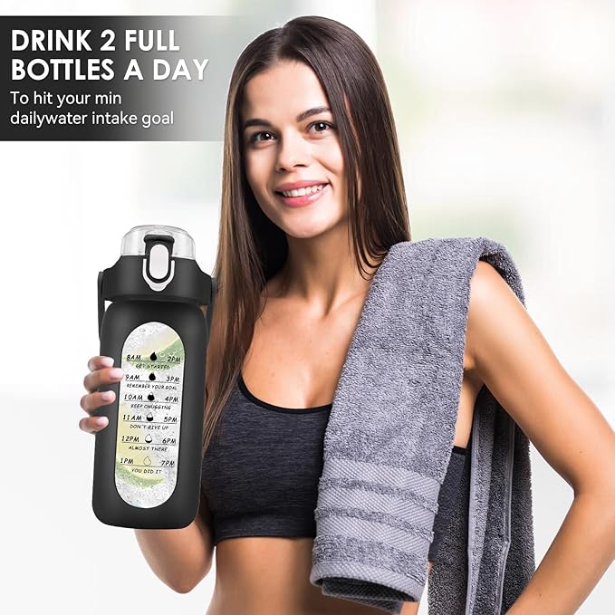 32 oz Glass Water Bottle with Time Marker - 1000ml Large Sports Motivational Water Bottles with Handle & Silicone Case, 1 Liter Leak-proof Measured Drinking Bottle for Gym Fitness Workout (Black)