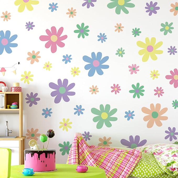 Amaonm 12 Sheets Large Daisy Wall Decals DIY Boho Sunflower Wall Stickers Peel and Stick Colorful ins Daisy Floral Wall Decor for Nursery Little Girls Teens Bedroom Living Room (12 Sheets of 34pcs)