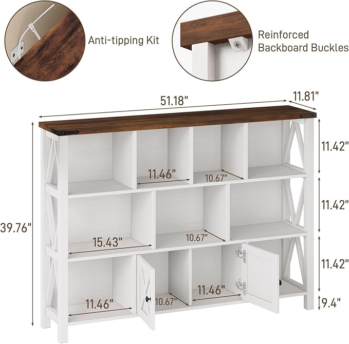 11 Cube Storage Organizer Bookshelf, Wooden Open Cube Shelf Bookcase, Farmhouse Display Book Shelf, 3 Tier Cube Bookshelves with Storage, Rustic White