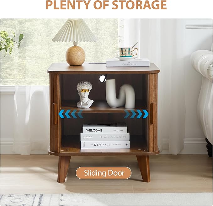 AVZEAR 24" Large Square End Table with Charging Station, Farmhouse Fluted Sofa Side Table with Sliding Tambour Door & Storage, Curved Rustic Wood Nightstand for Living Room, Bedroom, Walnut