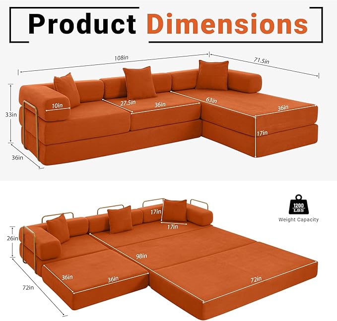 108" Oversized Convertible Sleeper Sofa Bed, Corduroy L Shape Sectional Couch, Folding Sofa Bed with Side Pocket, Modern Cloud Floor Mattress Couch, Modular Sofa for Living Room, Orange