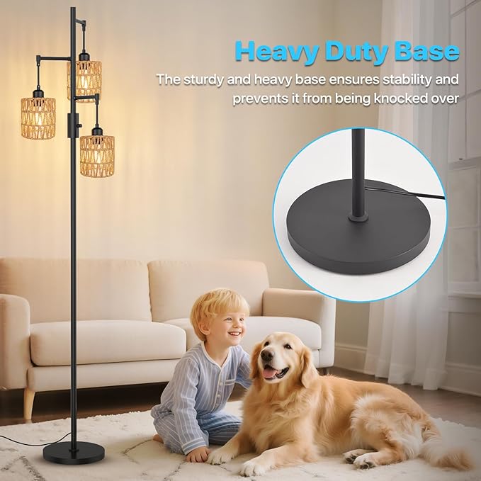 3-Light Boho Floor Lamp for Living Room, Rattan Wicker Standing Lamp Palm Tree Design, Farmhouse Coastal Floor Light with Woven Shade, Tall Bohemian Lamp