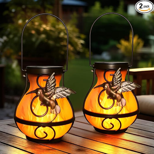 2 Pack Solar Lanterns for Outside Hanging,Solar Garden Lights Outdoor Waterproof with Flickering Flame,Led Lantern for Patio Yard Camping Halloween Decorations,Gardening Gifts for Mom