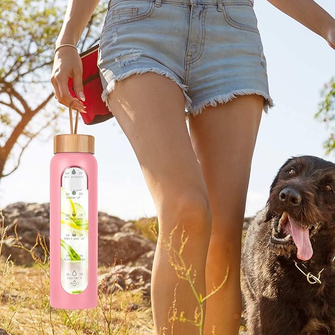 Aqulea Glass Water Bottles 25 Oz with Silicone Sleeve - BPA Free Reusable Wide Mouth Glass Motivational Water Bottles with Fruit Infuser – Leak Proof Borosilicate Water Bottle with Time Marker (Pink)