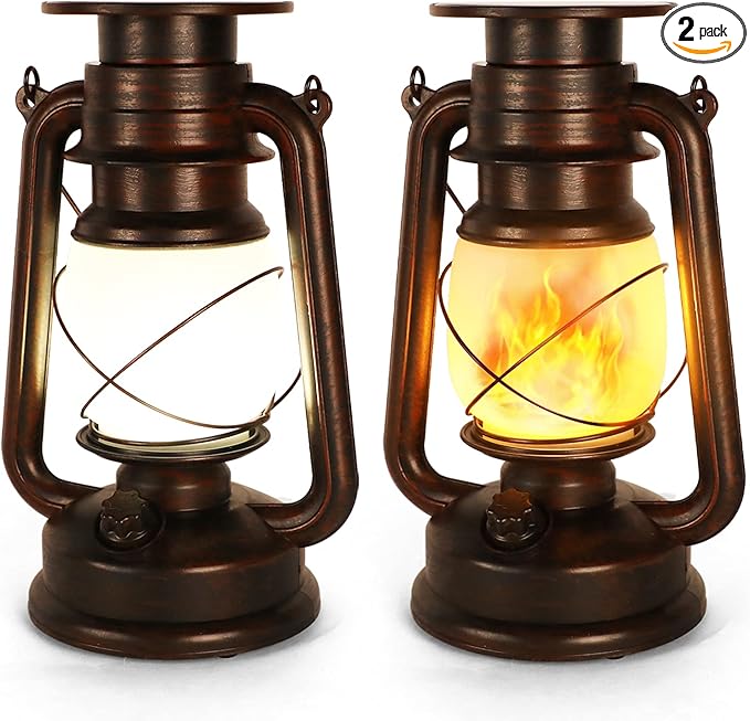 2 Pack Solar Hanging Lantern Outdoor, Solar Powered, Auto On/Off Waterproof LED Flame Umbrella Vintage Lights for Garden, Patio, Yard, Flickering Flameless Candle Mission Lights for Table, Party