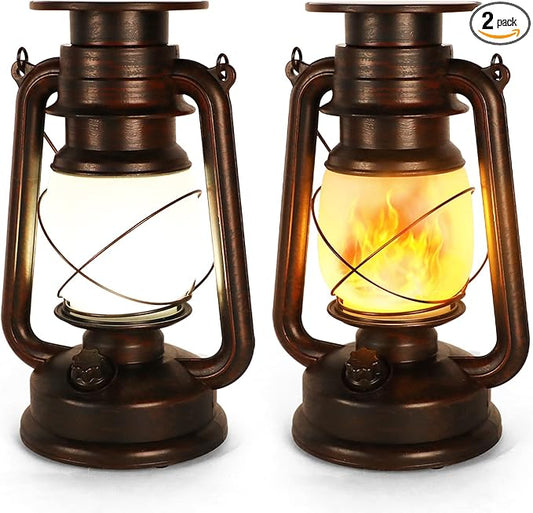 2 Pack Solar Hanging Lantern Outdoor, Solar Powered, Auto On/Off Waterproof LED Flame Umbrella Vintage Lights for Garden, Patio, Yard, Flickering Flameless Candle Mission Lights for Table, Party