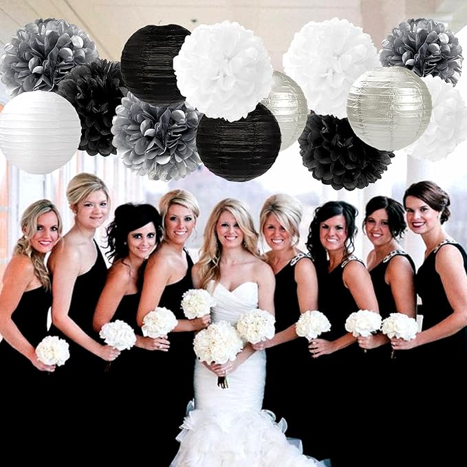 Black White Silver Party-Decorations Paper Flowers Lanterns - 15PCS Birthday Halloween Wedding Tissue Pom Poms Streamers, Halloween Prom Baby Shower Bachelorette Hanging Supplies Decor Hugfond