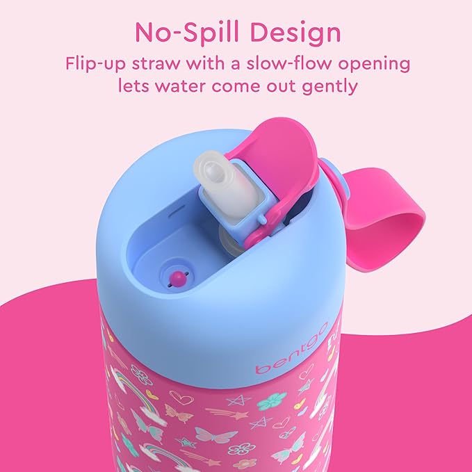 Bentgo® Kids Stainless Steel Insulated Water Bottle - Leak-Proof; Keeps Cool for 12 Hours; Durable, BPA-Free, Dishwasher Safe 14 oz. Cup for Ages 3+ for School/Sports/Daycare (Rainbows & Butterflies)