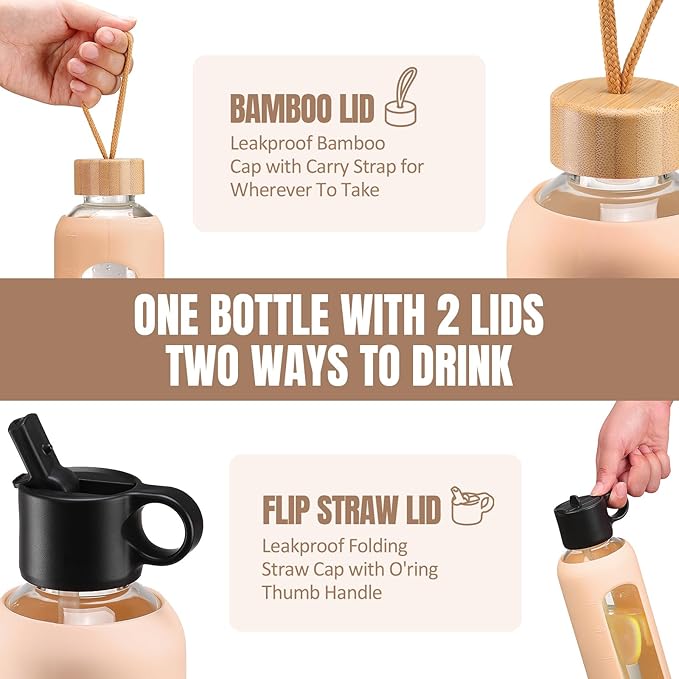 24oz Glass Water Bottle With 2 Lids-Flip Straw Lid, Bamboo Lid, Glass Water Bottle With Silicone Sleeve, Motivational Time Marker, Glass Juice Bottle for Cold Drink,Amber