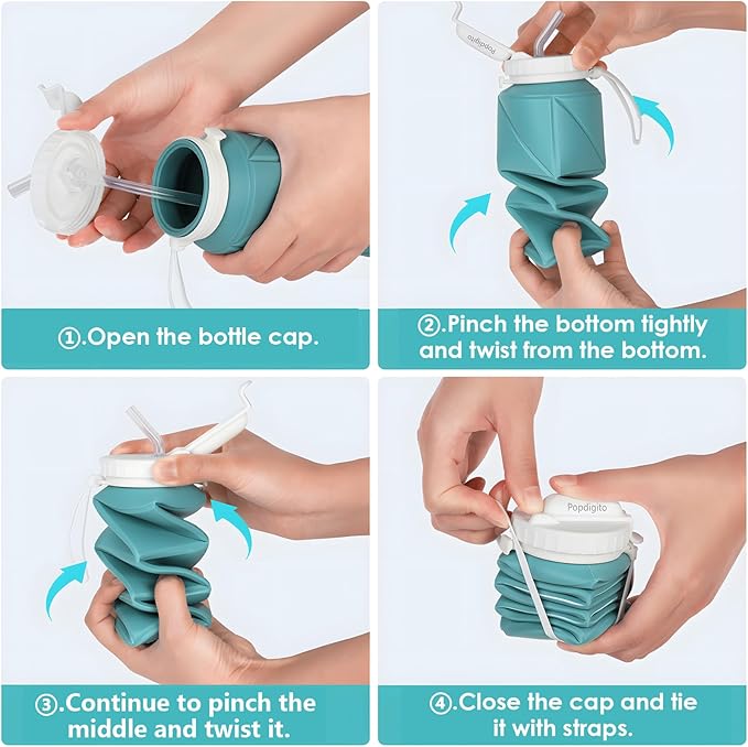 4 pack Collapsible Water Bottles Reusable Leakproof Silicone Water Bottle BPA Free Durable Foldable Sports Bottles & straw 23oz Lightweight Bottle